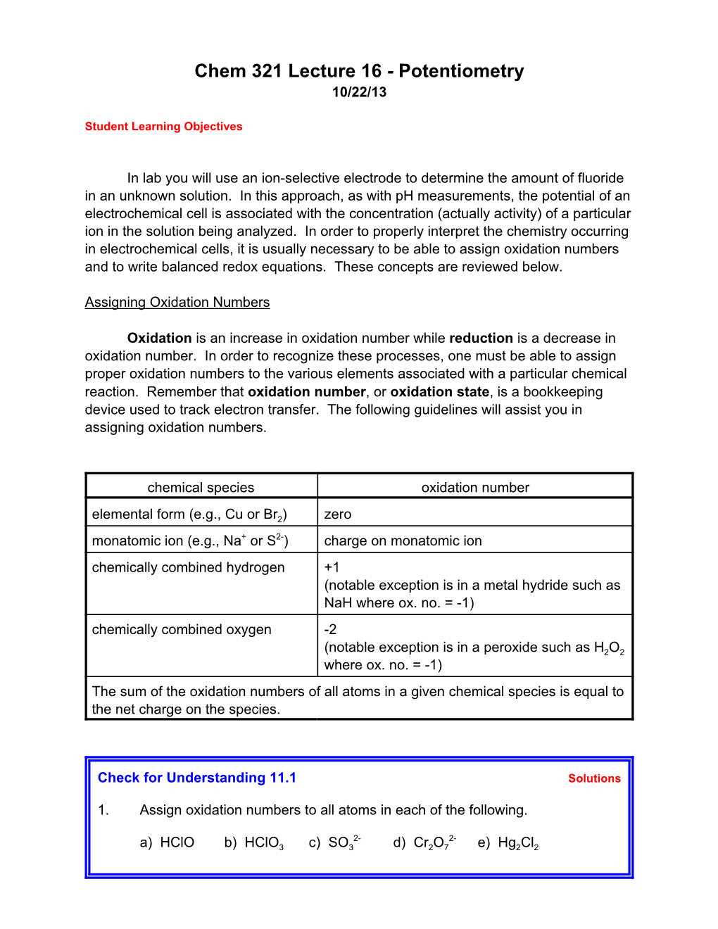 Chem 321 Lecture 16 - Potentiometry 10/22/13