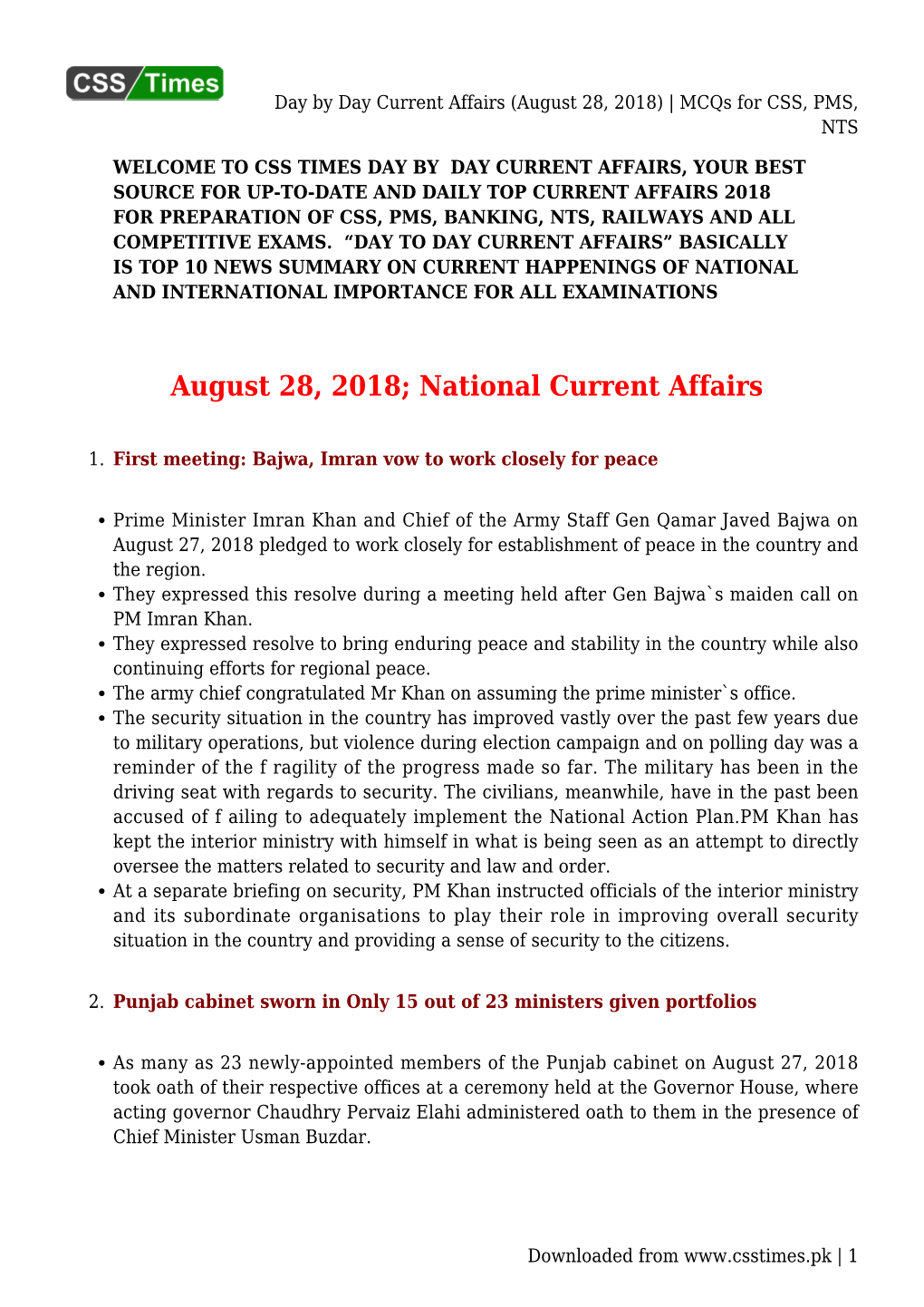 Day by Day Current Affairs (August 28, 2018) | Mcqs for CSS, PMS, NTS