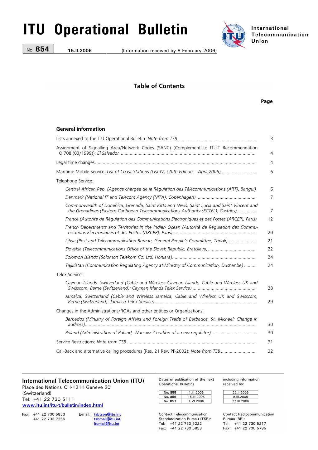 ITU Operational Bulletin Telecommunication Union