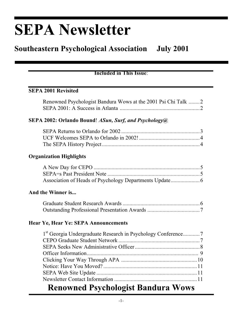 SEPA Newsletter Southeastern Psychological Association July 2001