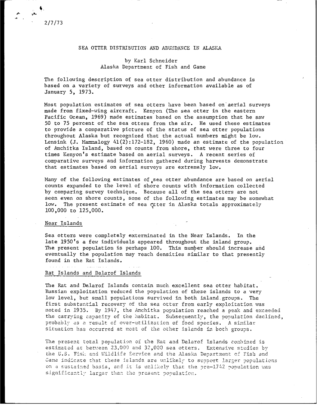 Sea Otter Distribution and Abundance in Alaska 2/7/73