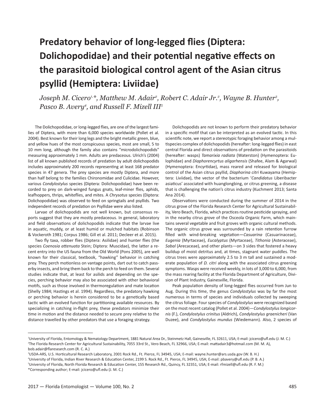 Diptera: Dolichopodidae) and Their Potential Negative Effects on the Parasitoid Biological Control Agent of the Asian Citrus Psyllid (Hemiptera: Liviidae)