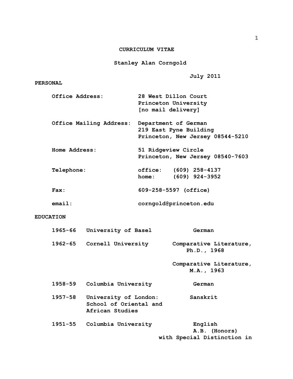 1 1 CURRICULUM VITAE Stanley Alan Corngold