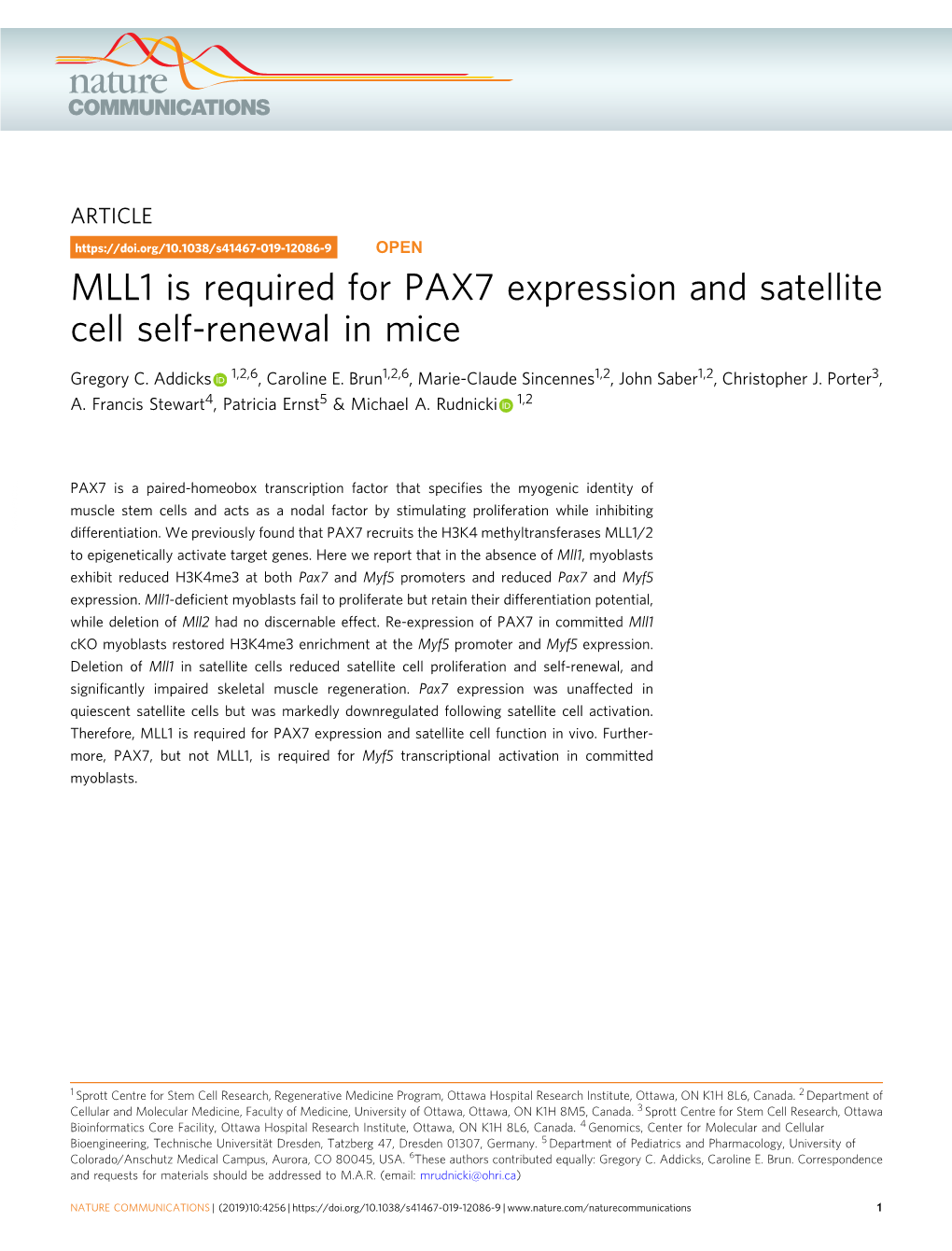 MLL1 Is Required for PAX7 Expression and Satellite Cell Self-Renewal in Mice