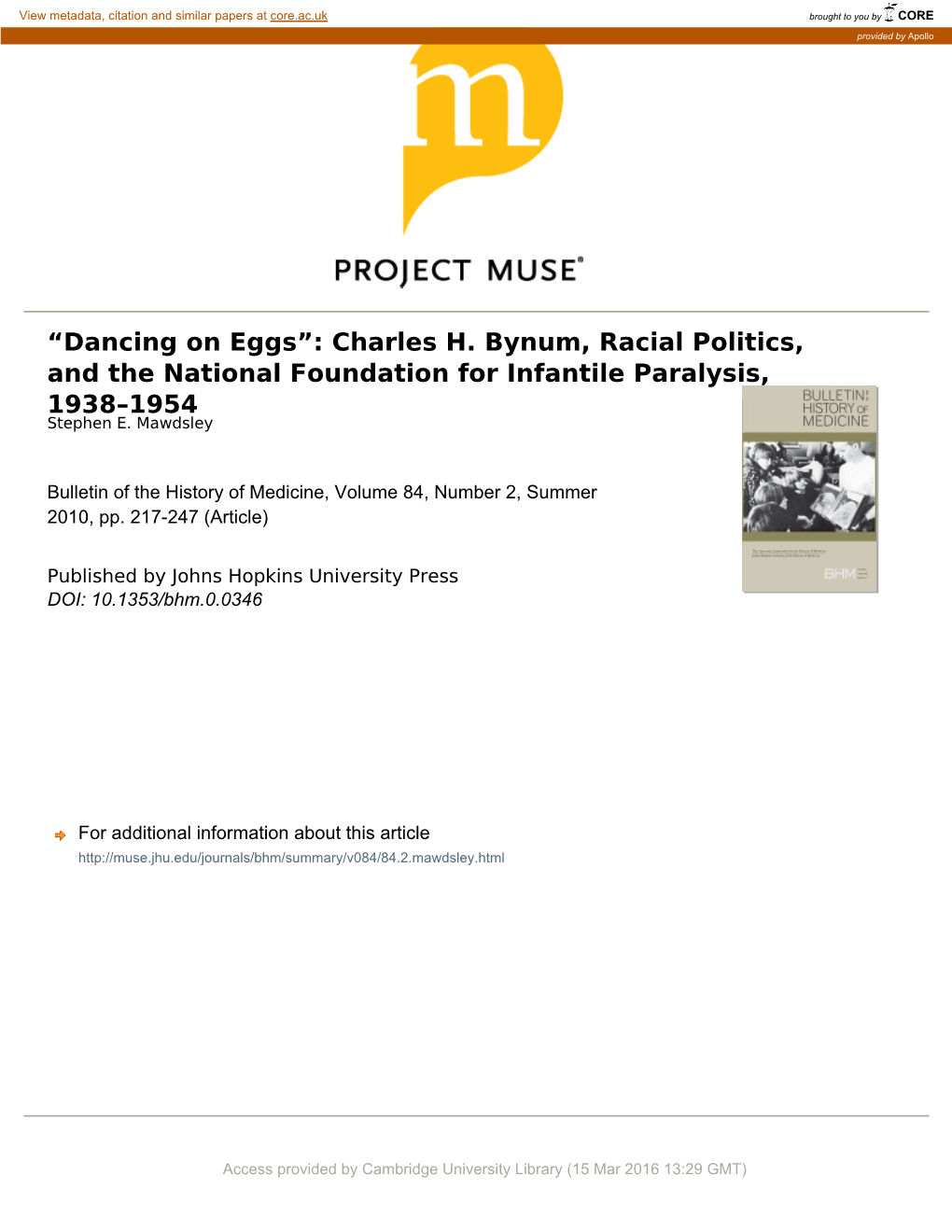 Charles H. Bynum, Racial Politics, and the National Foundation for Infantile Paralysis, 1938–1954