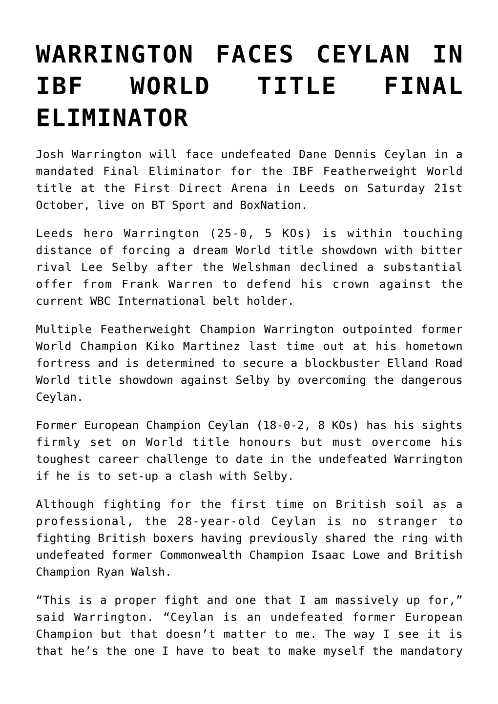 Warrington Faces Ceylan in Ibf World Title Final Eliminator