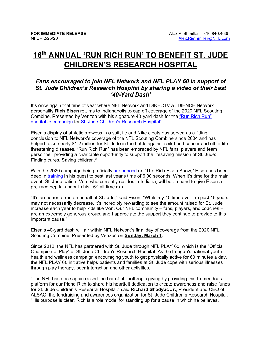 16Th ANNUAL 'RUN RICH RUN' to BENEFIT ST. JUDE CHILDREN's RESEARCH HOSPITAL