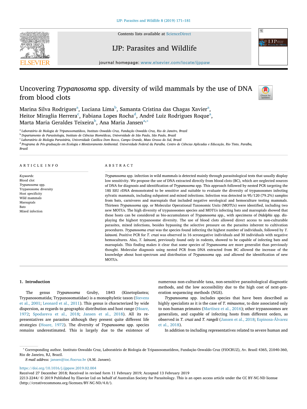 Uncovering Trypanosoma Spp. Diversity of Wild Mammals by the Use of DNA from Blood Clots T