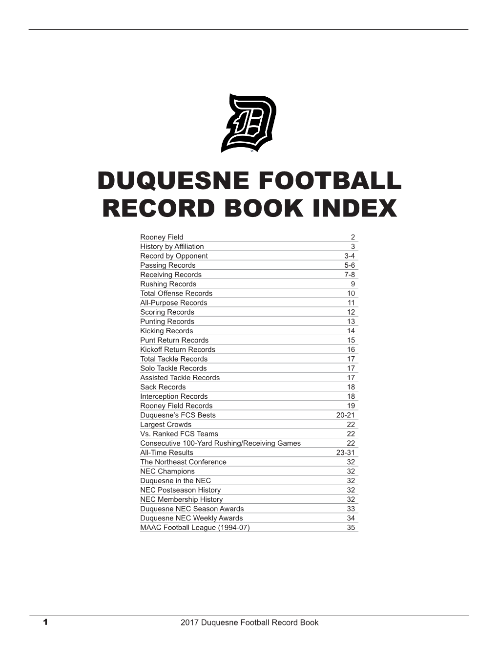 Duquesne Football Record Book Index