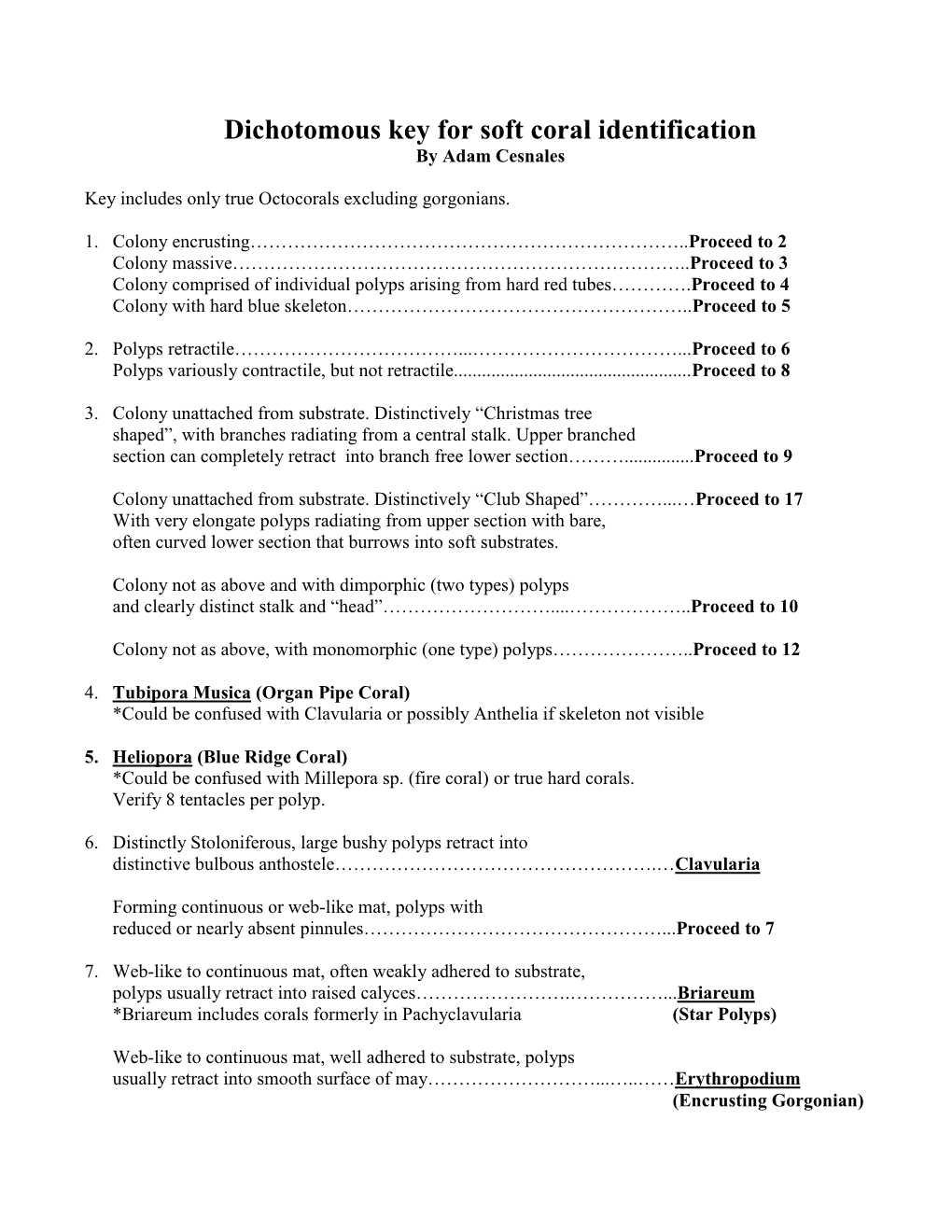 Dichotomous Key for Soft Corals