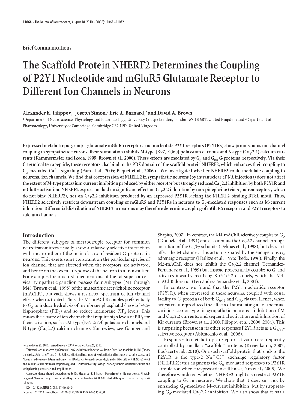 The Scaffold Protein NHERF2 Determines the Coupling of P2Y1 Nucleotide and Mglur5 Glutamate Receptor to Different Ion Channels in Neurons