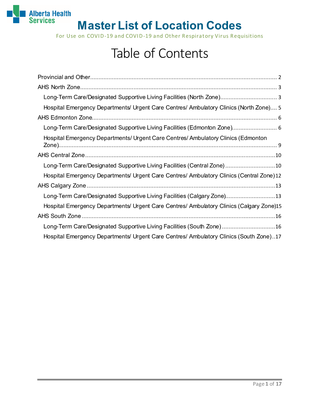 COVID-19 Requisition Master List of Location Codes