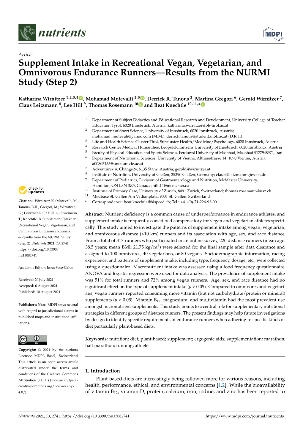 Supplement Intake in Recreational Vegan, Vegetarian, and Omnivorous Endurance Runners—Results from the NURMI Study (Step 2)