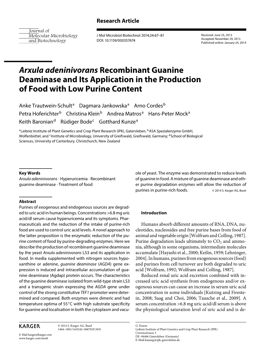 Arxula Adeninivorans Recombinant Guanine Deaminase and Its Application in the Production of Food with Low Purine Content