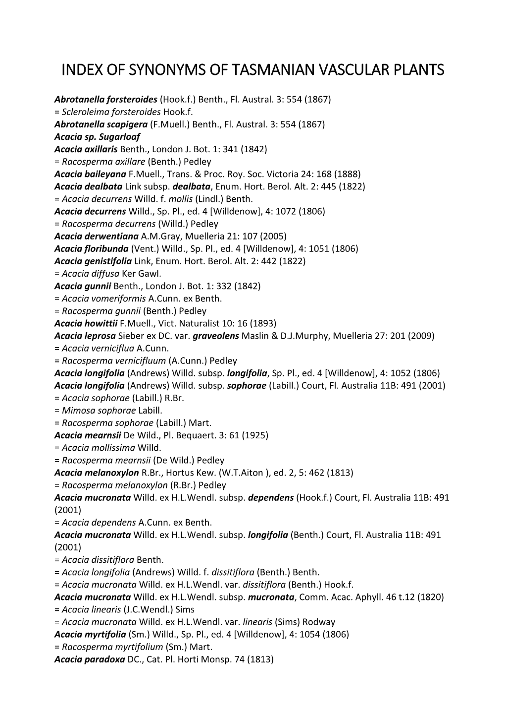 Index of Synonyms of Tasmanian Vascular Plants