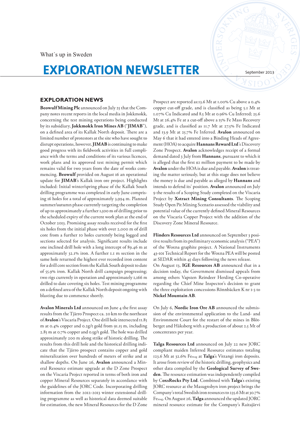 EXPLORATION NEWSLETTER September 2013