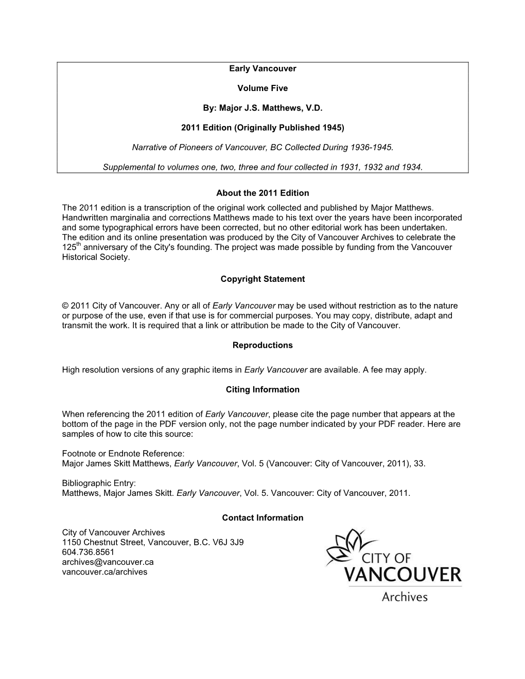 Early Vancouver Volume Five