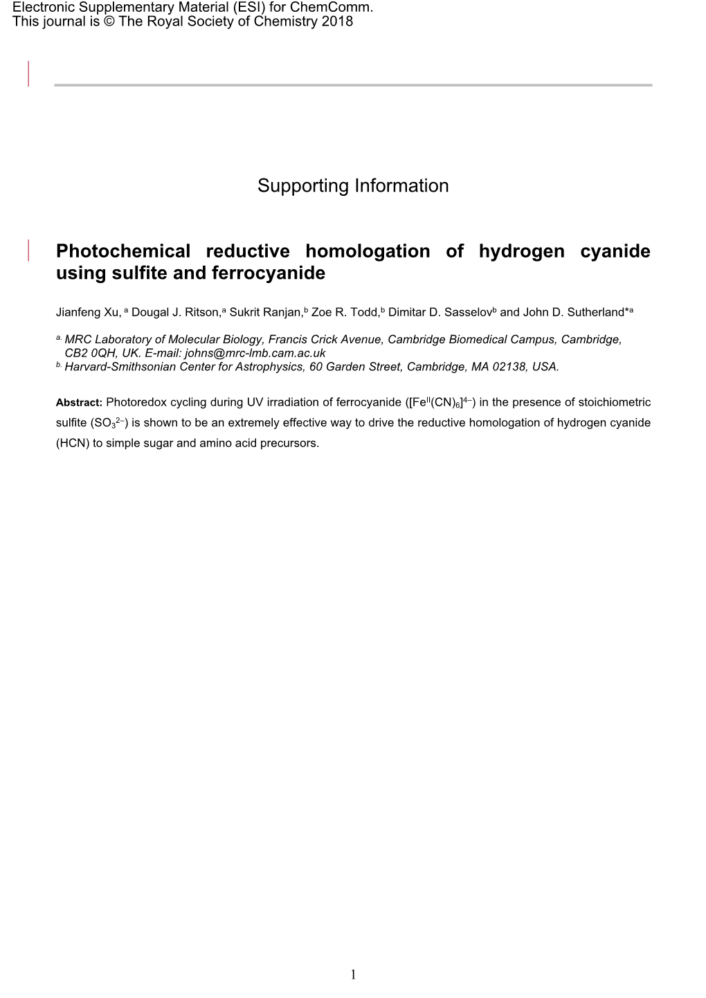 Supporting Information Photochemical Reductive Homologation of Hydrogen Cyanide Using Sulfite and Ferrocyanide