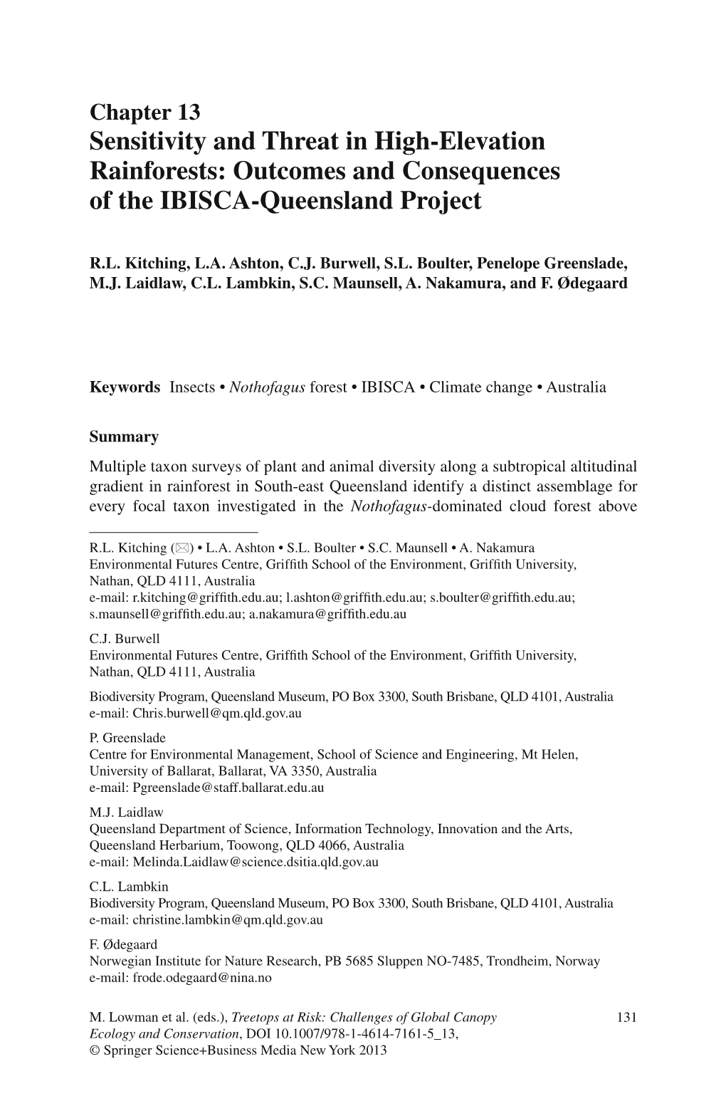 Sensitivity and Threat in High-Elevation Rainforests: Outcomes and Consequences of the IBISCA-Queensland Project