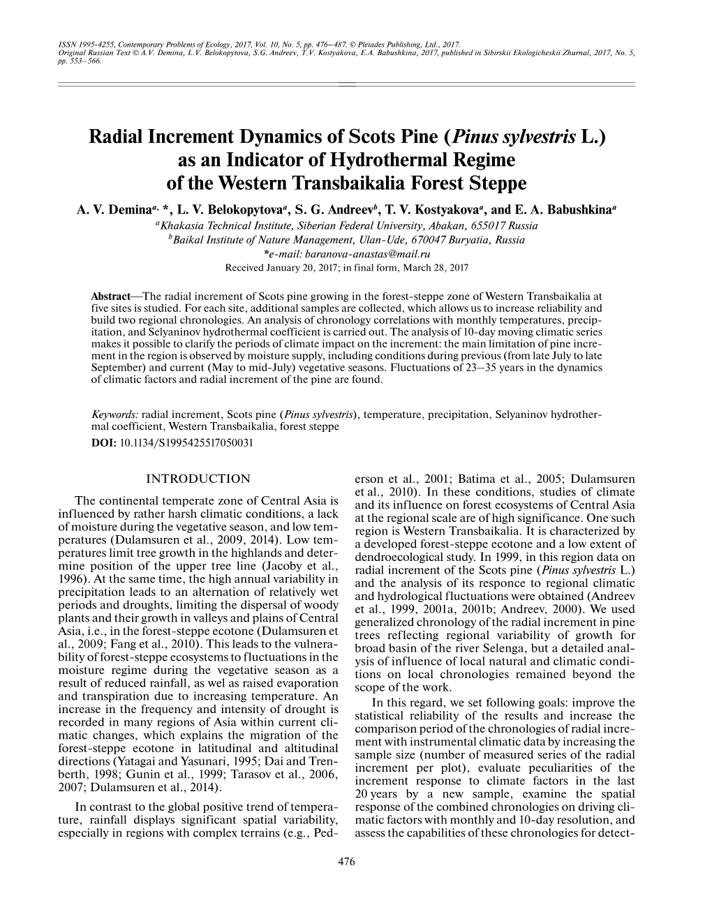 Radial Increment Dynamics of Scots Pine (Pinus Sylvestris L.) As an Indicator of Hydrothermal Regime of the Western Transbaikalia Forest Steppe A