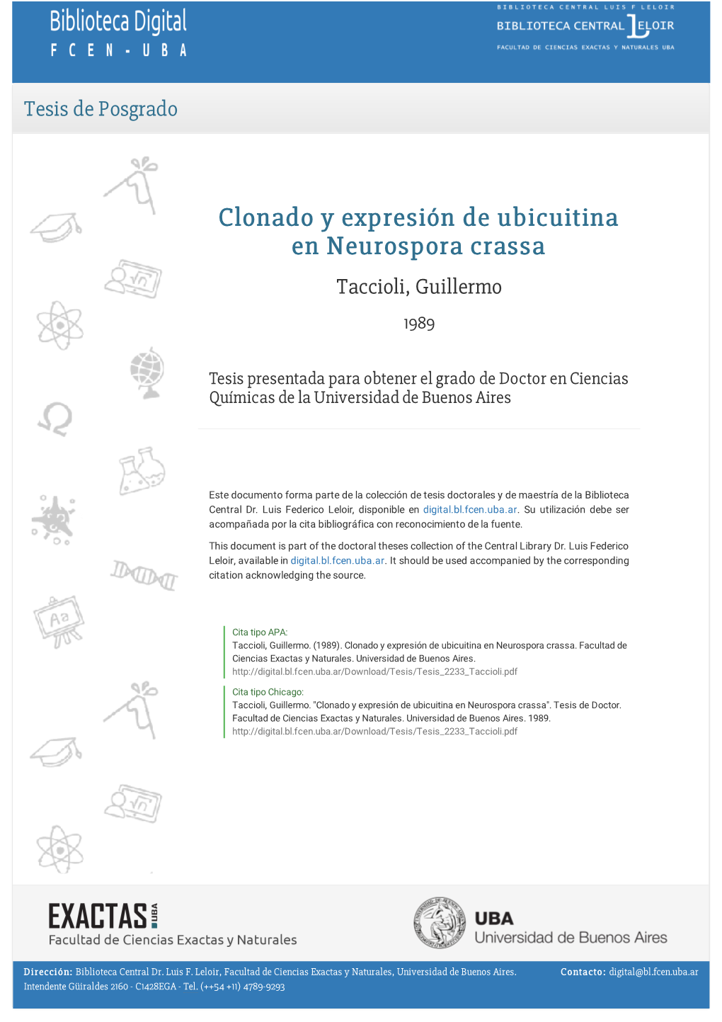 Clonado Y Expresión De Ubicuitina En Neurospora Crassa Taccioli, Guillermo 1989