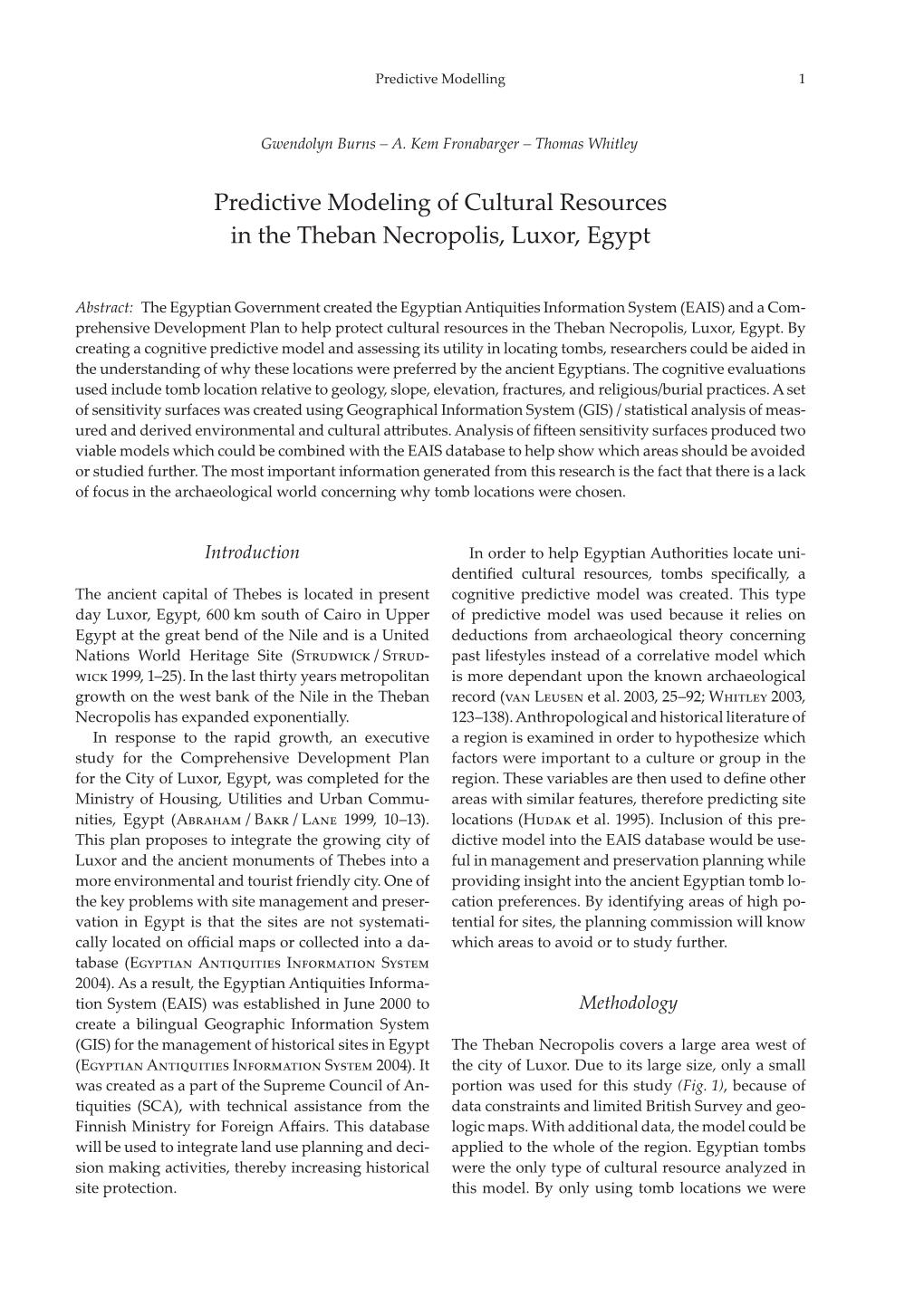 Predictive Modeling of Cultural Resources in the Theban Necropolis, Luxor, Egypt