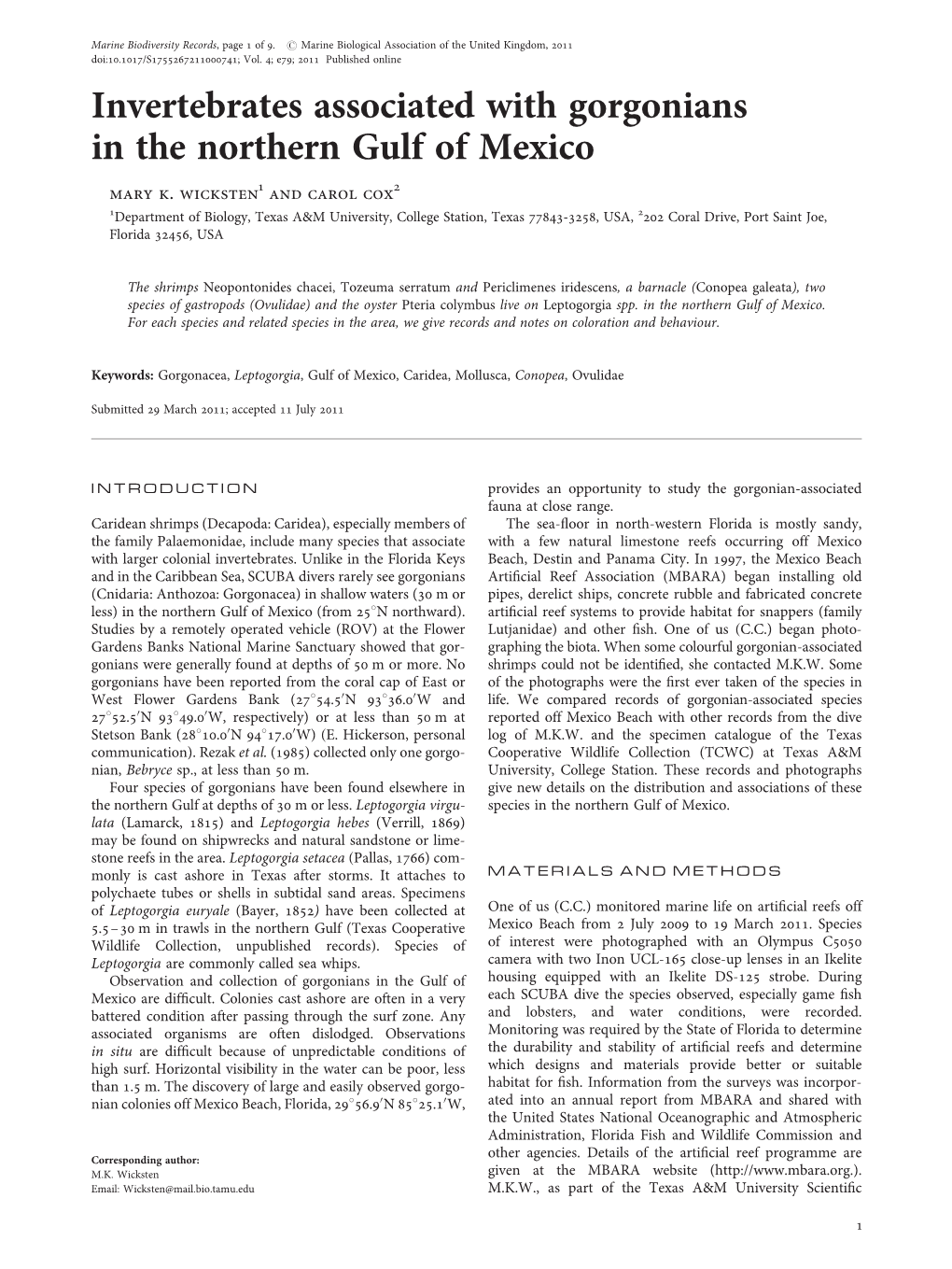 Invertebrates Associated with Gorgonians in the Northern Gulf of Mexico Mary K