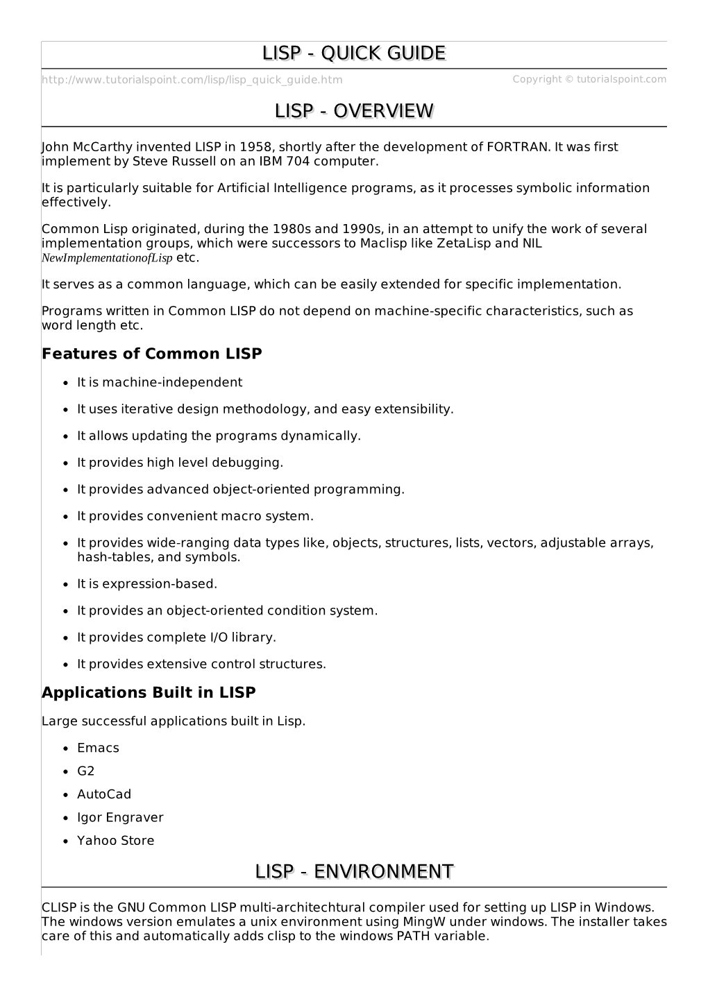 Lisp/Lisp Quick Guide.Htm Copyright © Tutorialspoint.Com