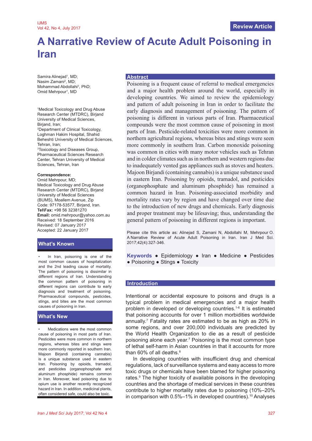 A Narrative Review of Acute Adult Poisoning in Iran