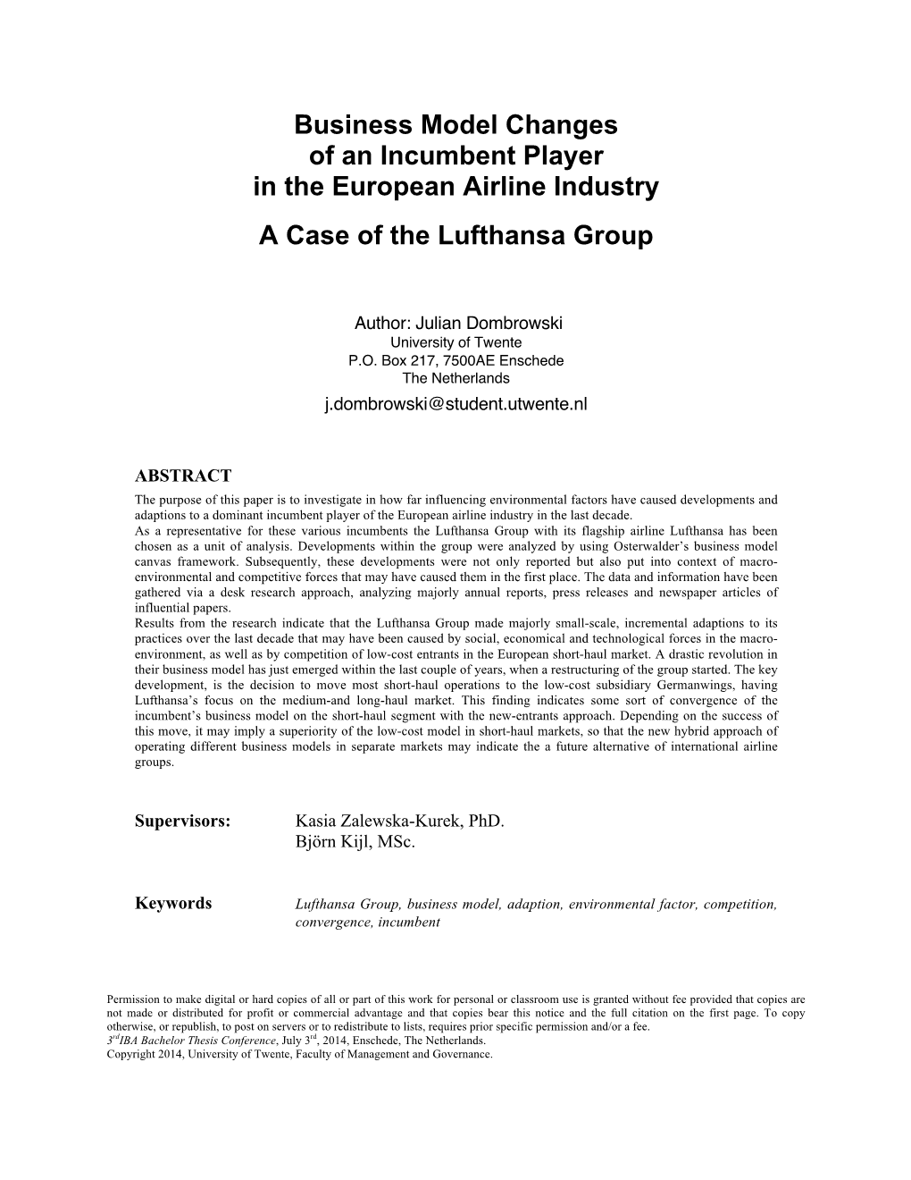 Business Model Changes of an Incumbent Player in the European Airline Industry a Case of the Lufthansa Group