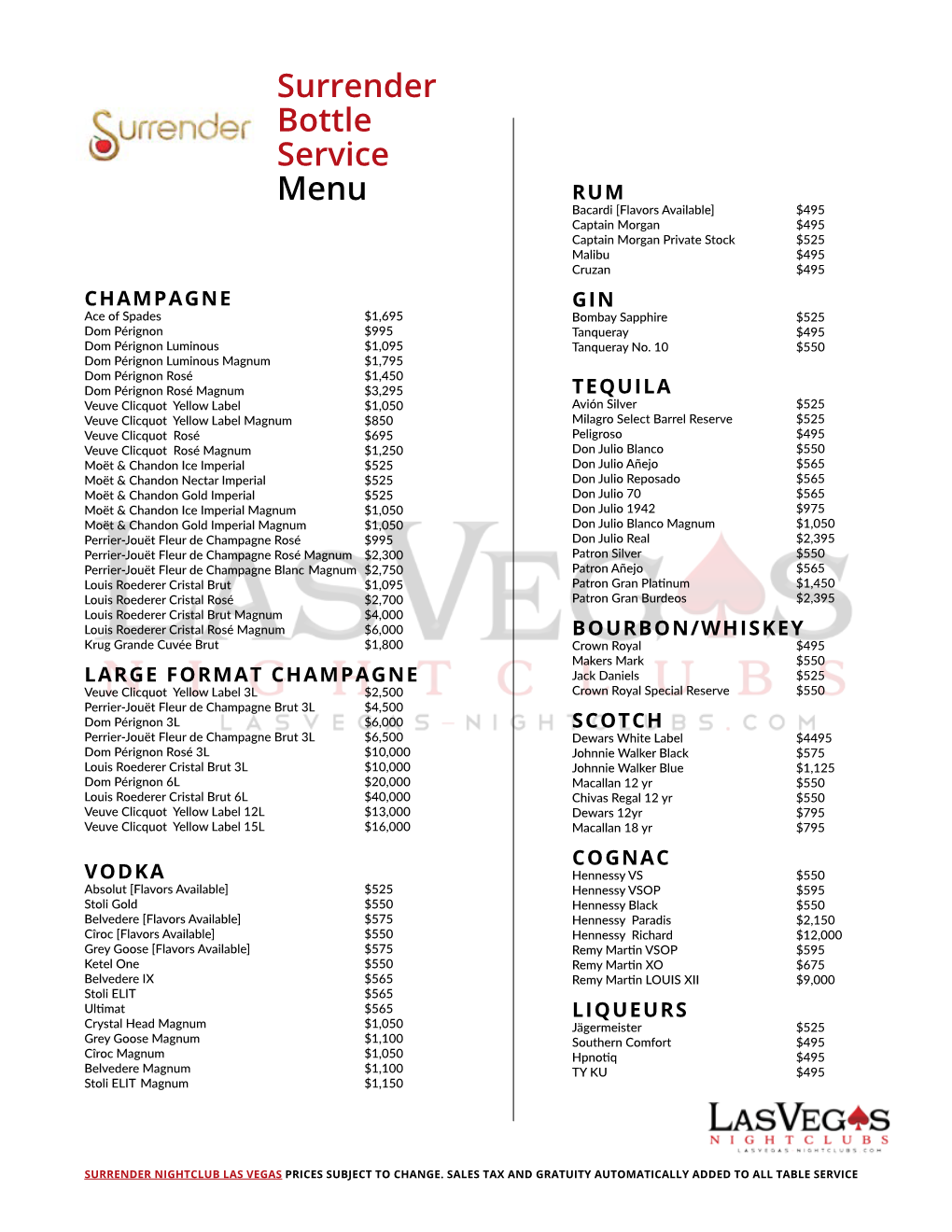 Surrender Bottle Service Menu Prices for Champagne & Liquor