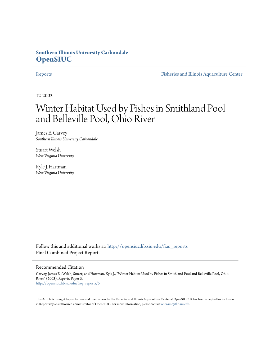 Winter Habitat Used by Fishes in Smithland Pool and Belleville Pool, Ohio River James E