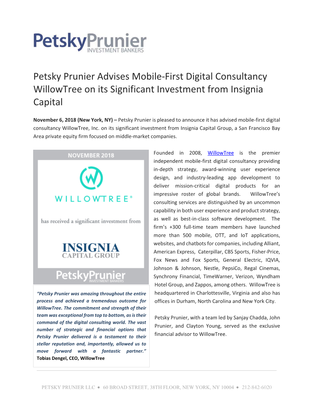 Petsky Prunier Advises Mobile-First Digital Consultancy Willowtree on Its Significant Investment from Insignia Capital