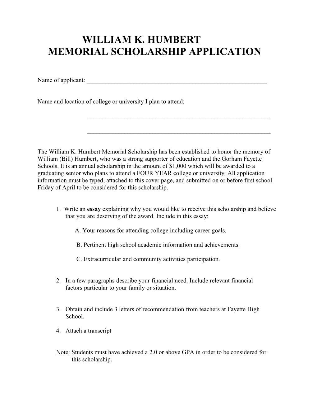 Memorial Scholarship Application