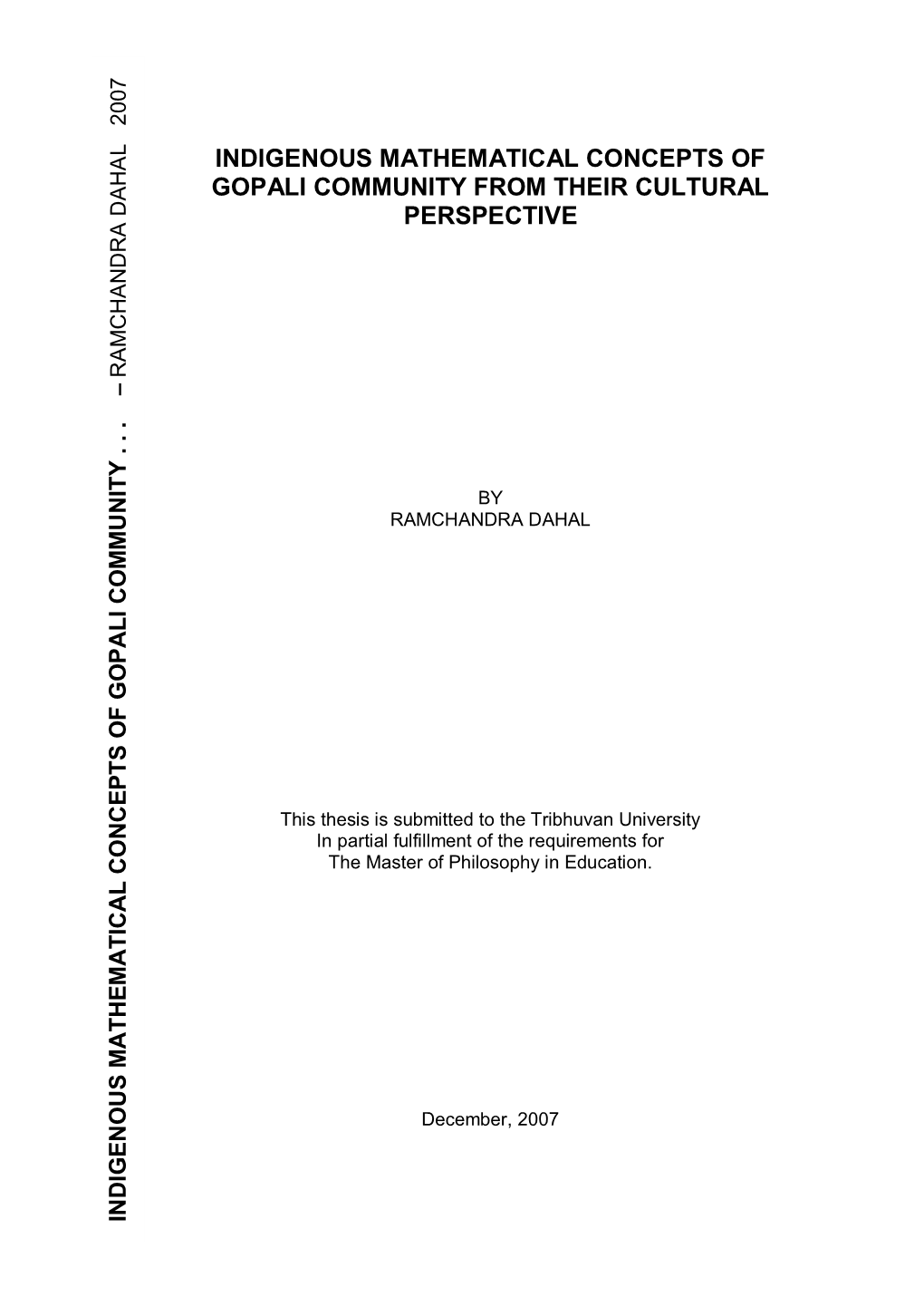 Indigenous Mathematical Concepts of Gopali Community from Their Cultural Perspective