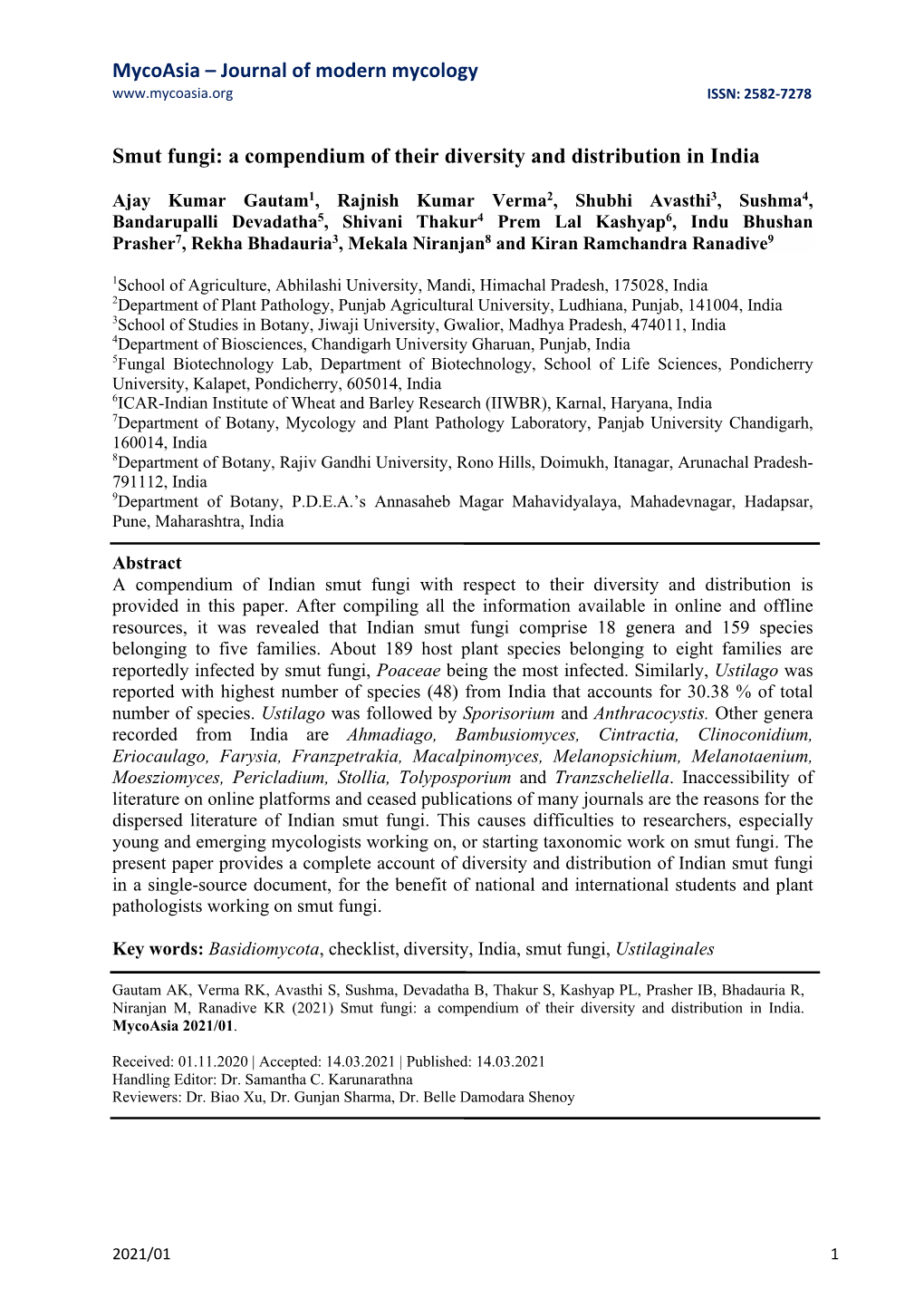 Journal of Modern Mycology Smut Fungi: a Compendium of Their Diversity and Distribution in India