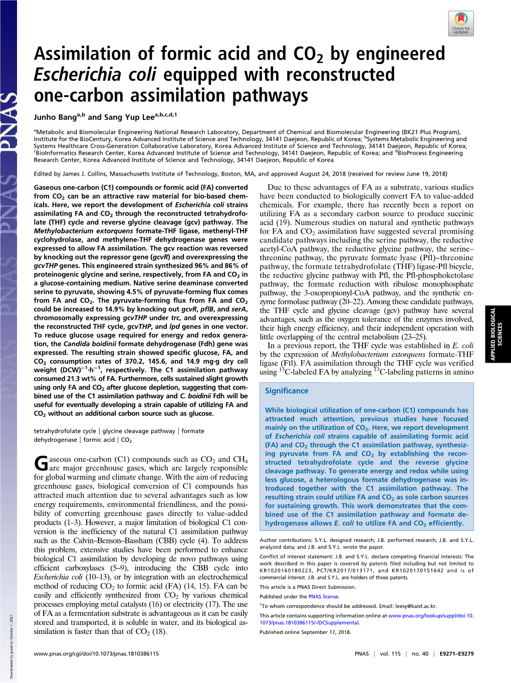 Assimilation of Formic Acid and CO2 by Engineered Escherichia Coli Equipped with Reconstructed One-Carbon Assimilation Pathways