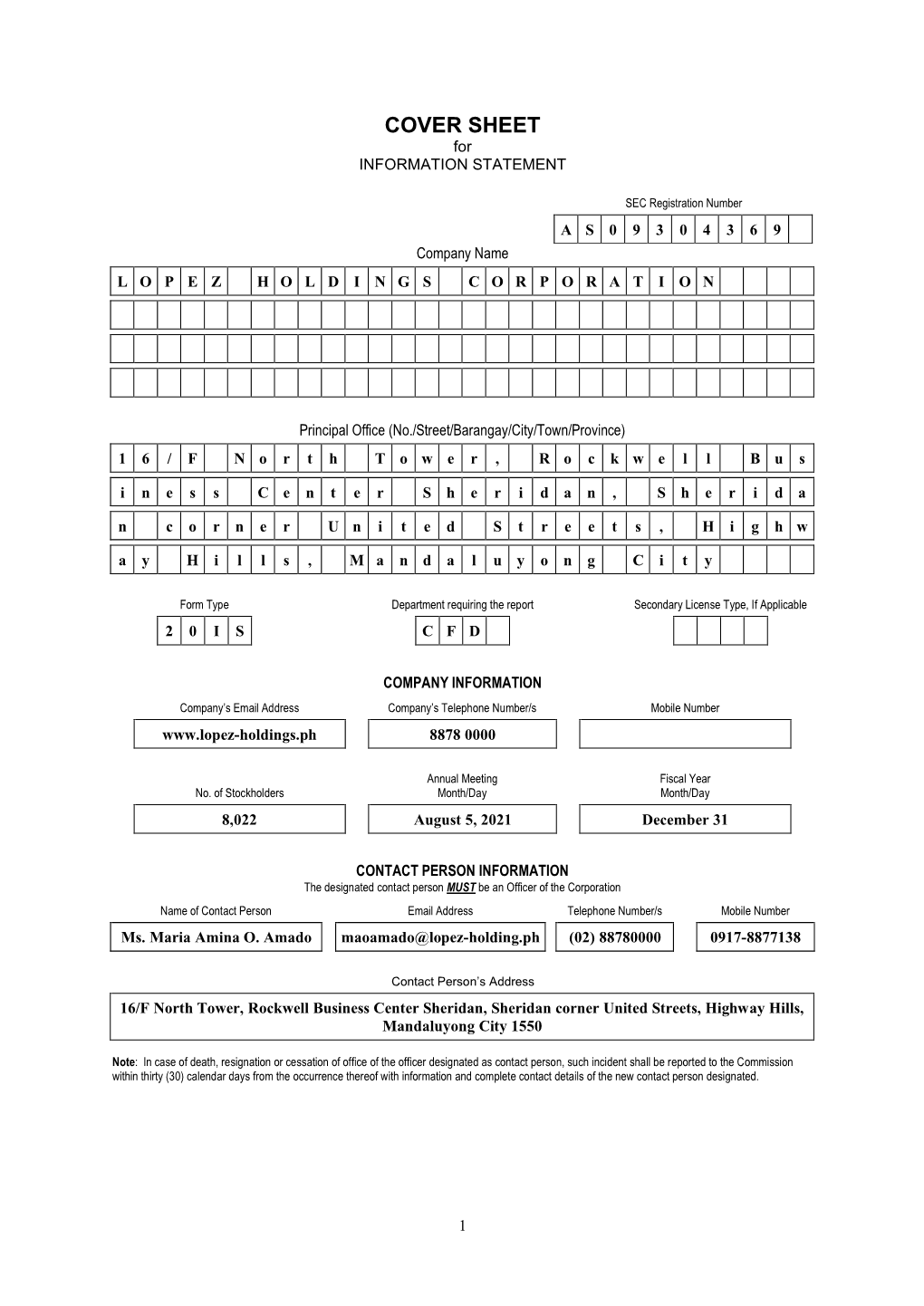 COVER SHEET for INFORMATION STATEMENT