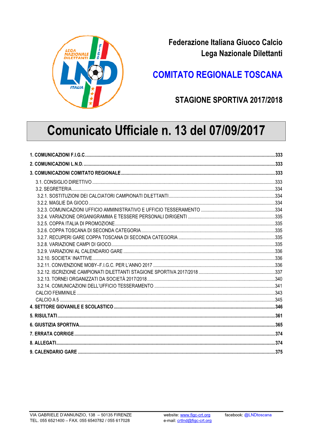 Comunicato Ufficiale N. 13 Del 07/09/2017