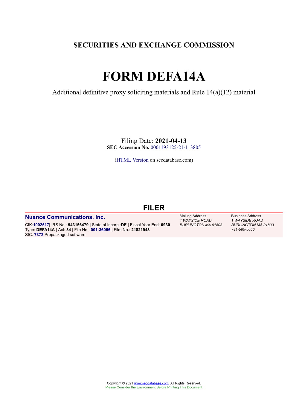 Nuance Communications, Inc. Form DEFA14A Filed 2021-04-13