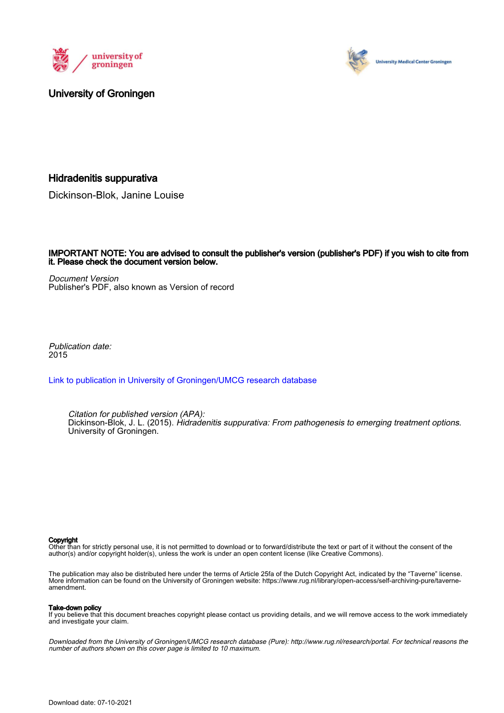 University of Groningen Hidradenitis Suppurativa Dickinson-Blok, Janine