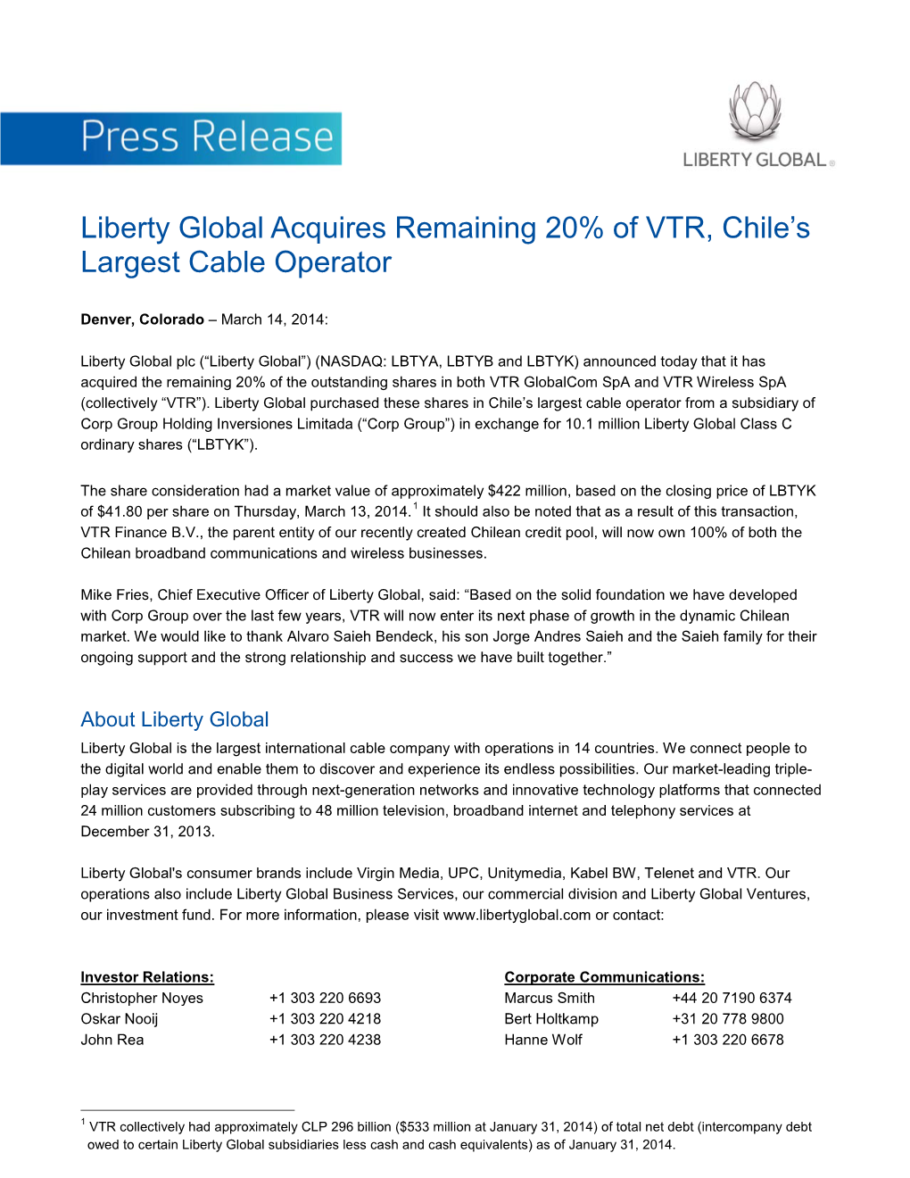 Liberty Global Acquires Remaining 20% of VTR, Chile's Largest Cable