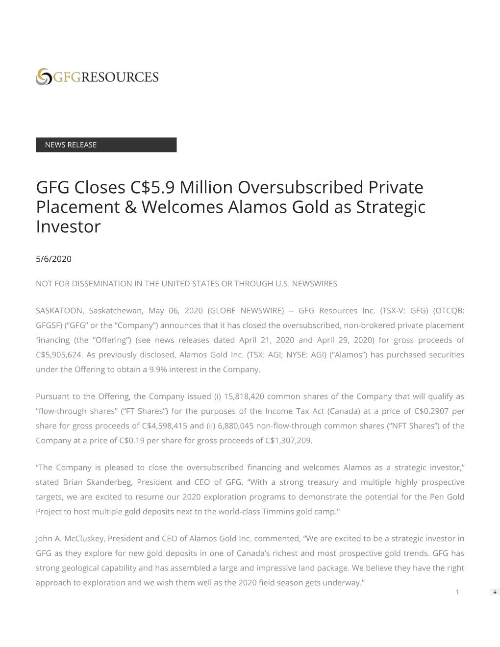 GFG Closes C$5.9 Million Oversubscribed Private Placement & Welcomes Alamos Gold As Strategic Investor