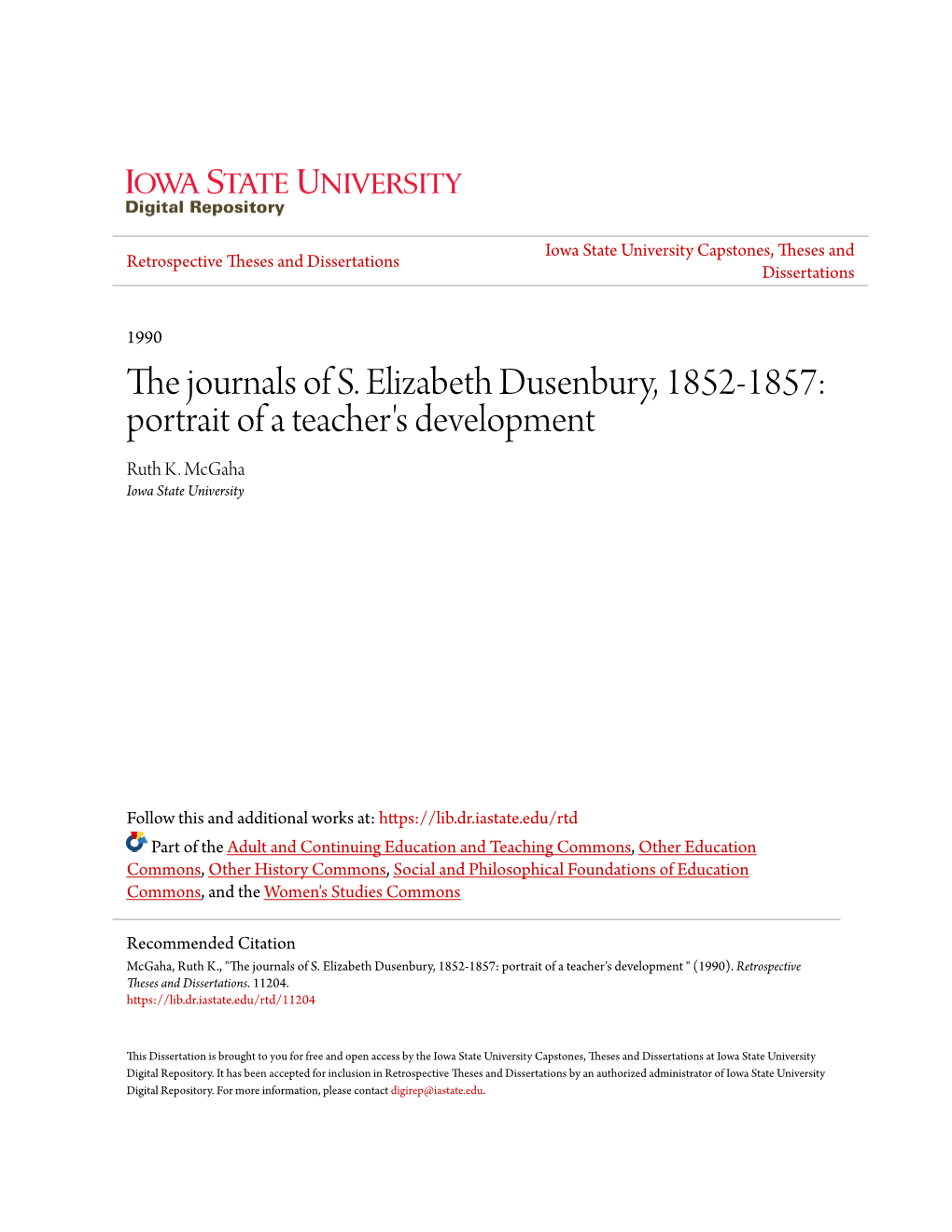 The Journals of S. Elizabeth Dusenbury, 1852-1857: Portrait of a Teacher's Development Ruth K