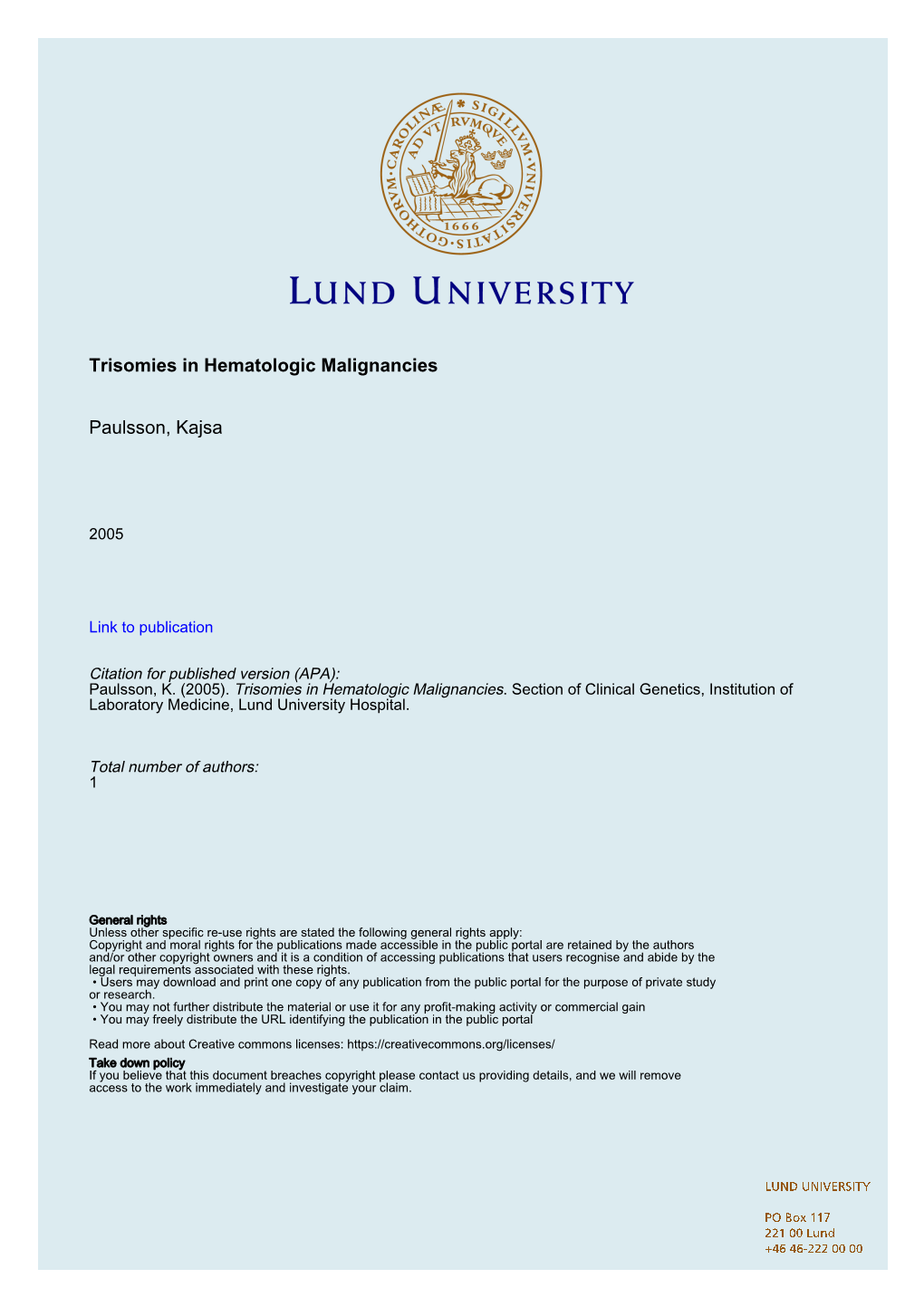 Trisomies in Hematologic Malignancies Paulsson, Kajsa