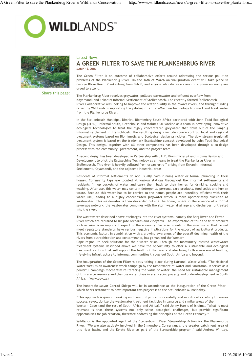 A Green Filter to Save the Plankenbrug River « Wildlands Conservation