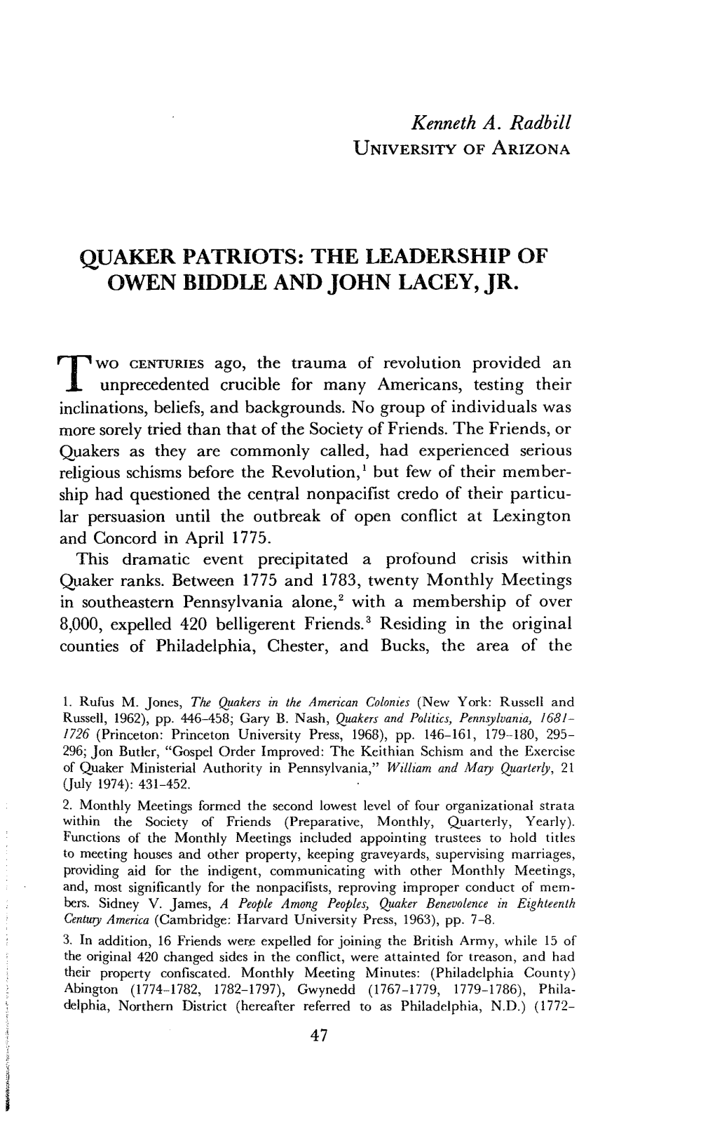 Quaker Patriots: the Leadership of Owen Biddle and John Lacey, Jr