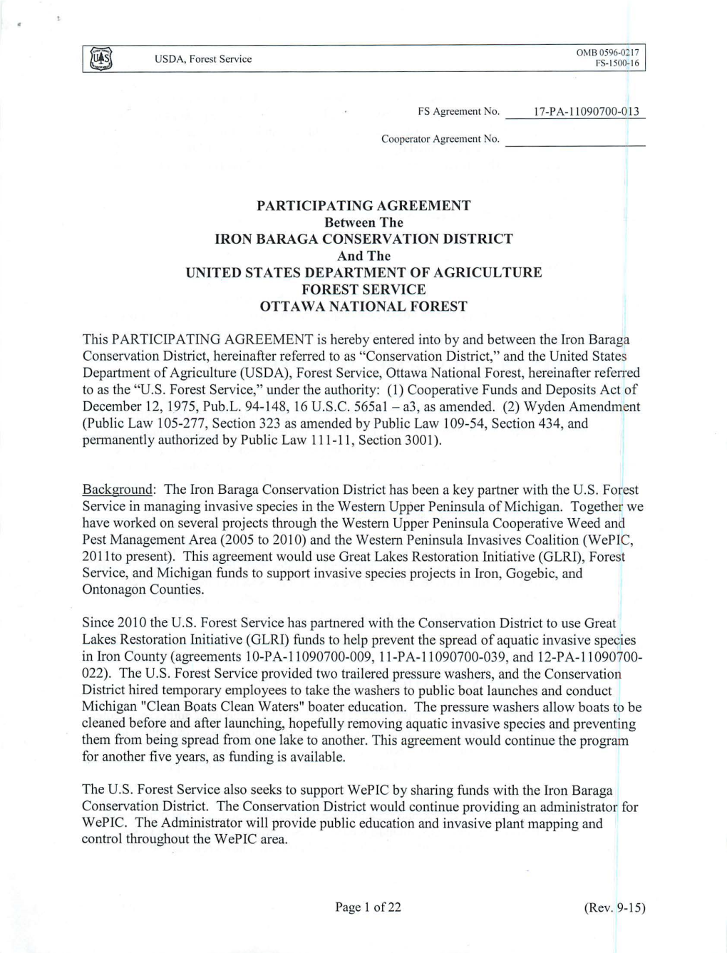 Participating Agreement Iron Baraga Conservation District United States Department of Agriculture Forest Service Ottawa National