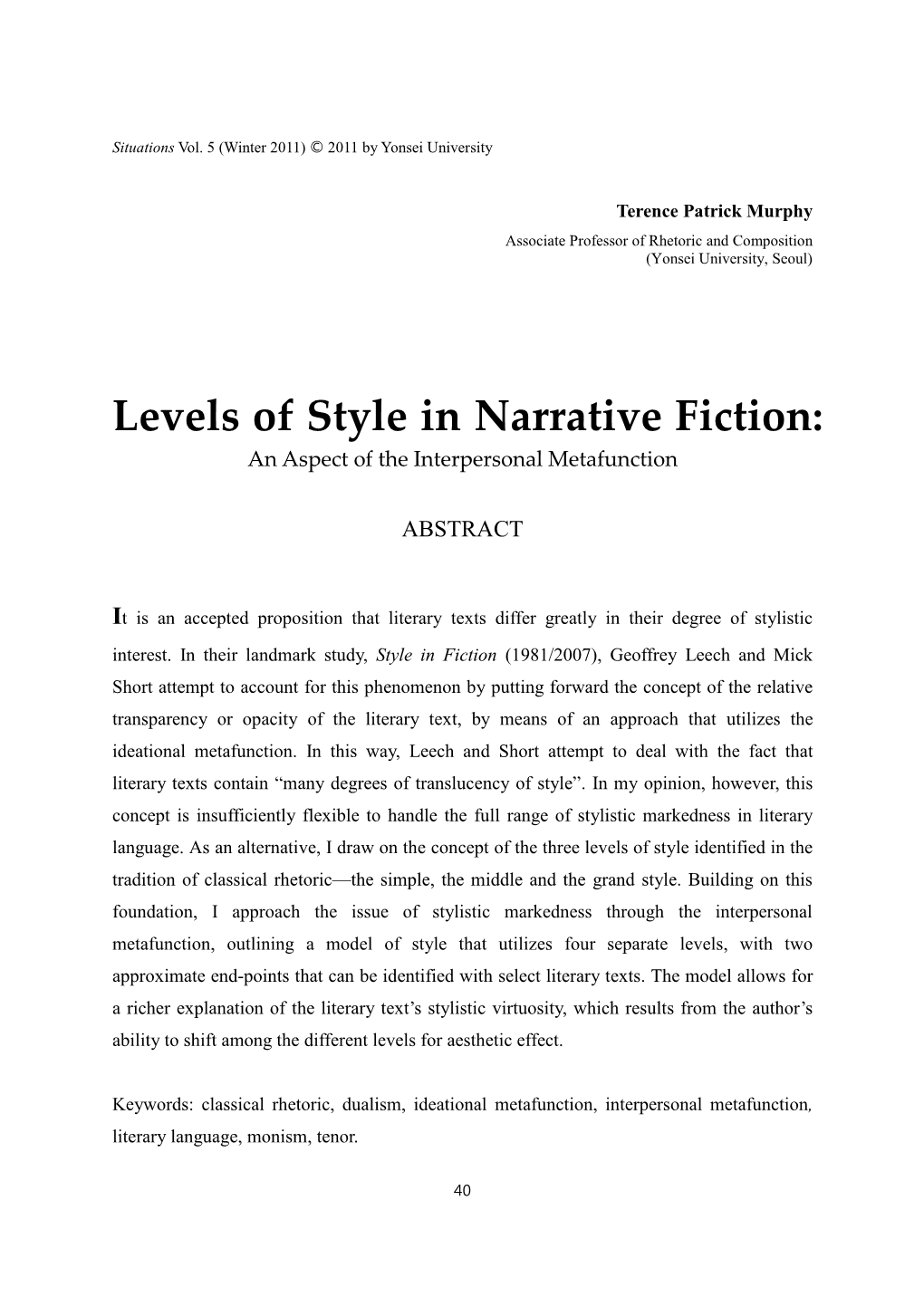 Levels of Style in Narrative Fiction: an Aspect of the Interpersonal Metafunction