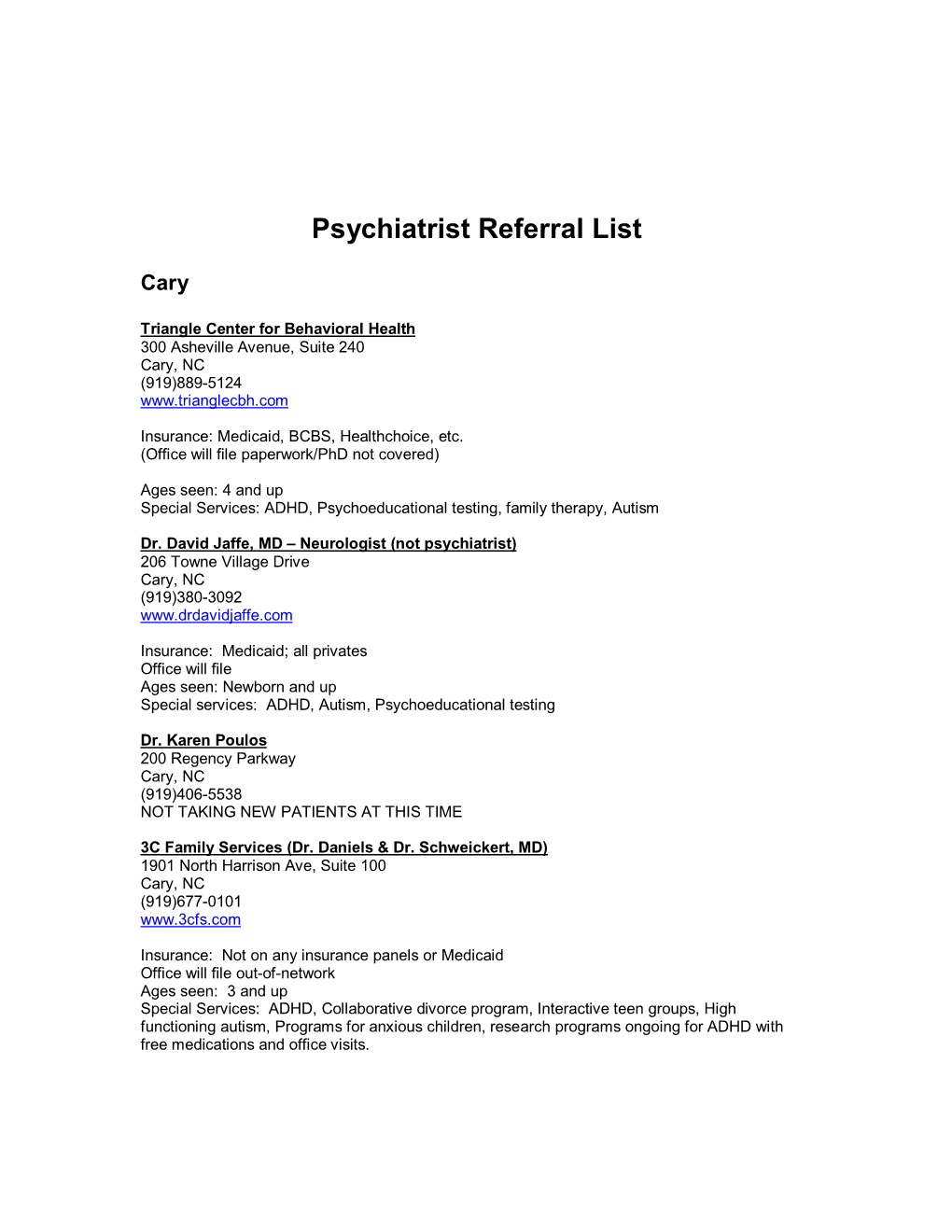 Psychiatrist Referral Contact List